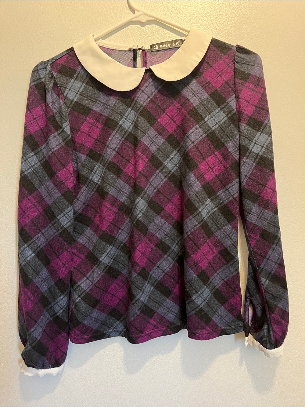 Allegra K Purple & Blue Plaid Long-Sleeve Top with Cream Peter Pan Collar